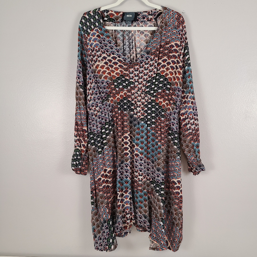 Anthropologie x Maeve Art Deco Floral Geometric Long Sleeve Sharkbite Hem Dress